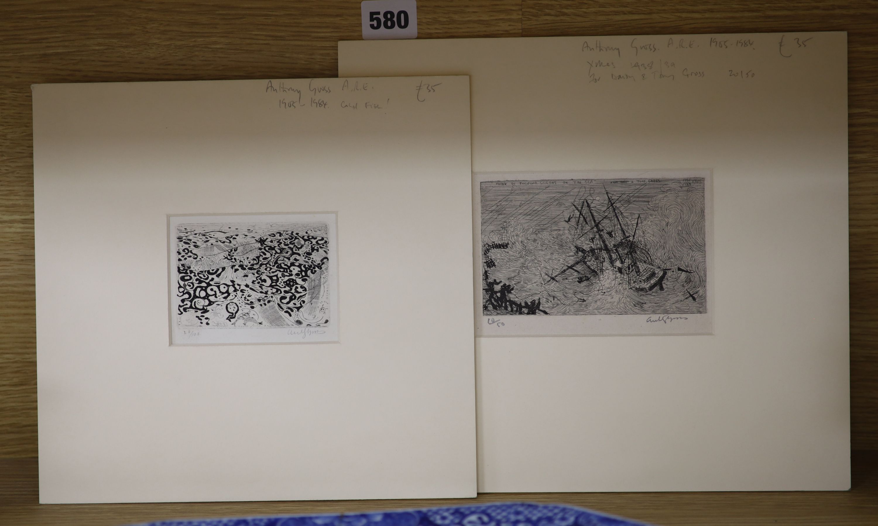 Anthony Gross (1905-1984), two etchings, ‘Think of the poor sailors on the sea, Xmas 1938’ & ‘Cold fish’, signed in pencil, 10/50 & 20/100, 7.5 x 12.5cm & 6 x 9cm. unframed